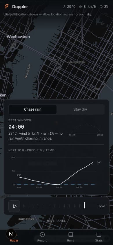 Live radar with storm-cell drift and chase heading