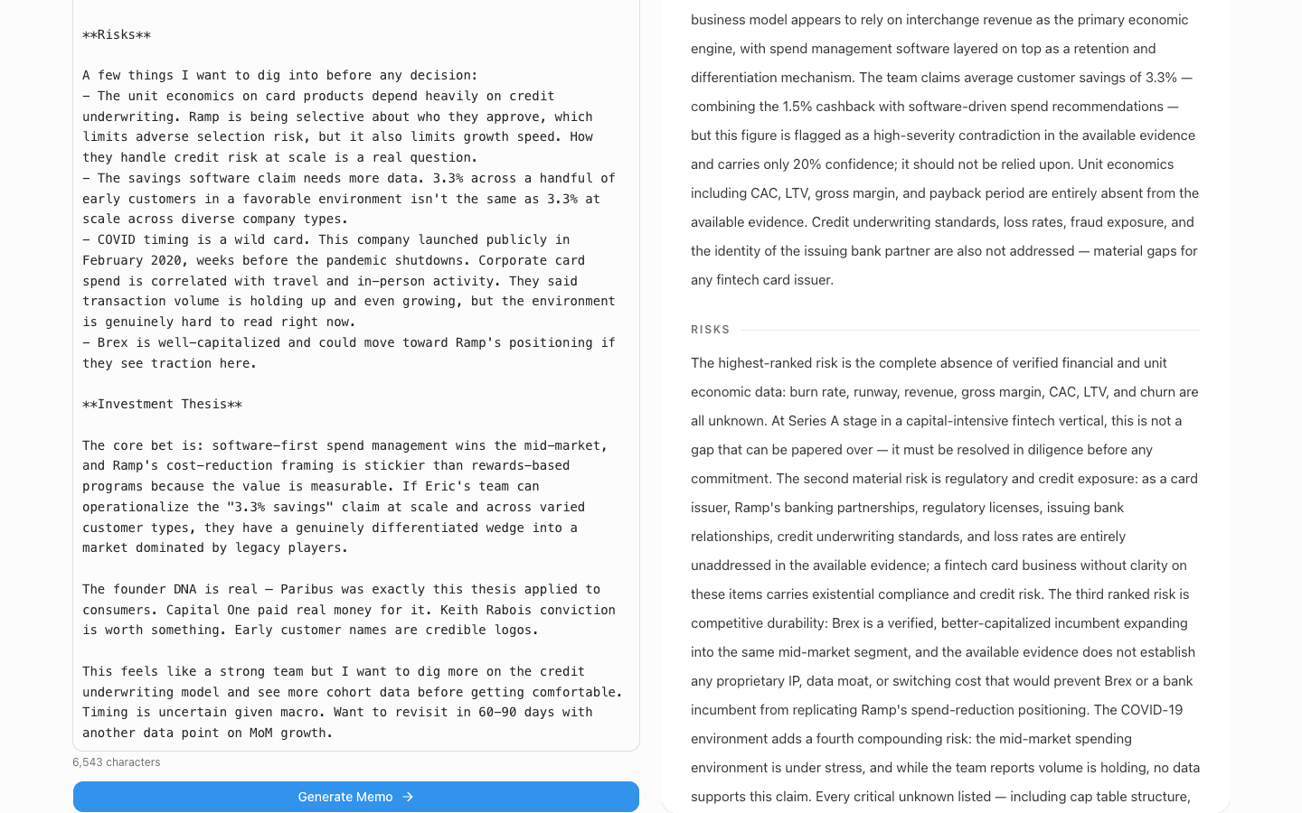 Generated deal memo with investment thesis and per-claim confidence labels