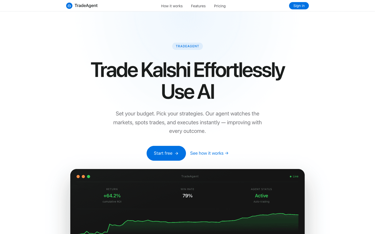 Product landing page — sign up and explore the live track record from there